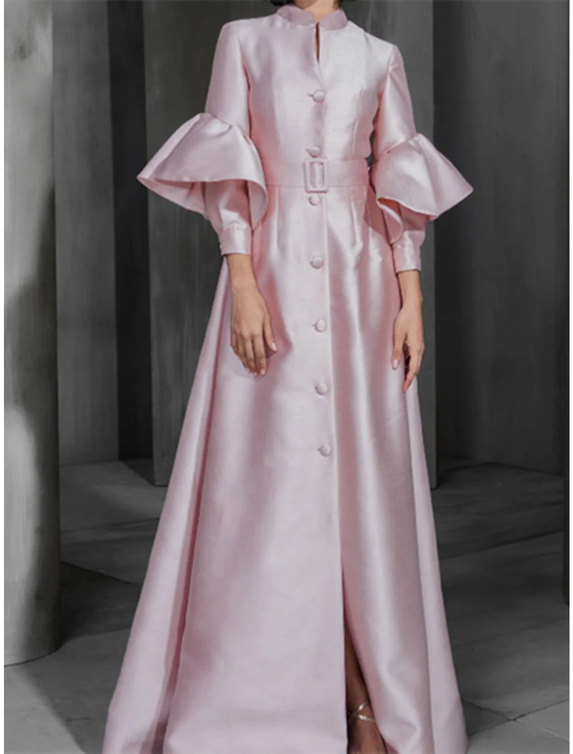 A-Line Prom Dresses Elegant Dress Wedding Guest Prom Floor Length Long Sleeve High Neck Satin with Sash / Ribbon Buttons Ruffles